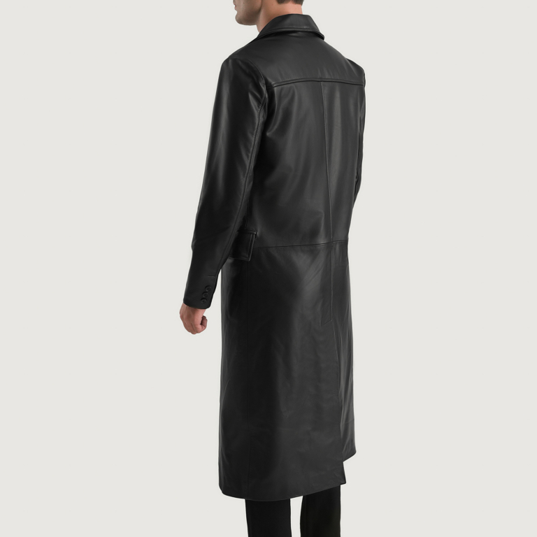 Mens Delmar Black Leather Double Breasted Coat Tilted Back-8-1700478965413